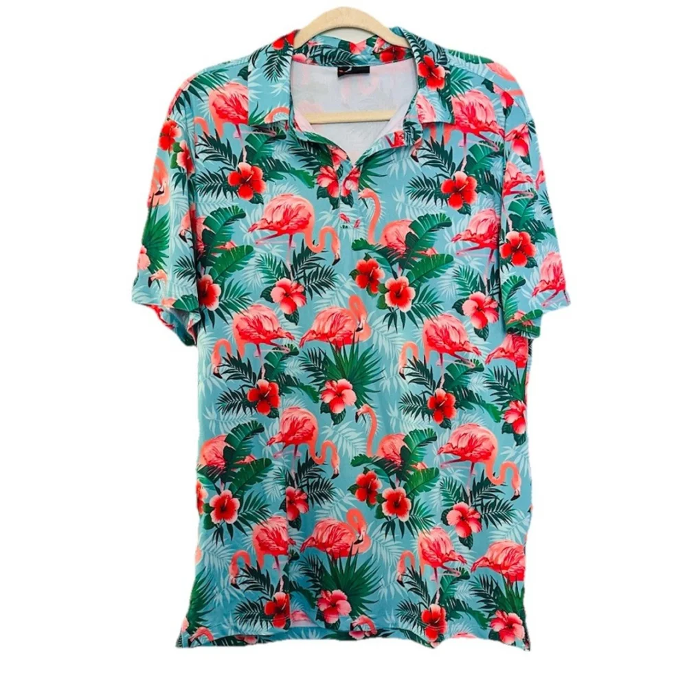 Yatta‎ Golf Pau Hana Polo Shirt Floral Flamingo Mens Medium Short Sleeve